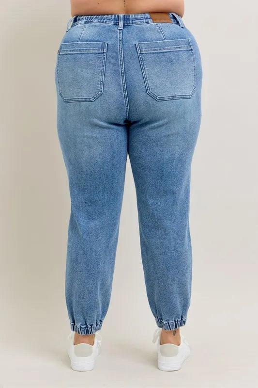 Judy Blue Women's High Waist Denim Joggers Stretchy Drawstring Waist Casual Jeans