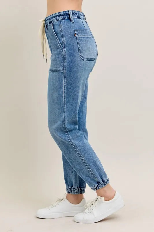 Judy Blue Women's High Waist Denim Joggers Stretchy Drawstring Waist Casual Jeans
