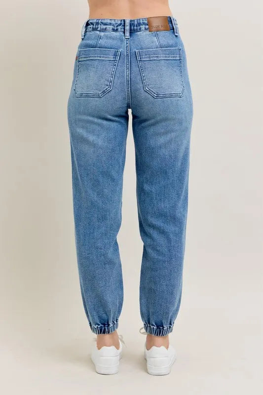 Judy Blue Women's High Waist Denim Joggers Stretchy Drawstring Waist Casual Jeans