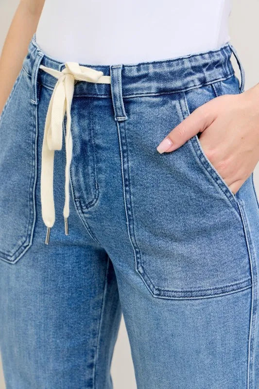 Judy Blue Women's High Waist Denim Joggers Stretchy Drawstring Waist Casual Jeans