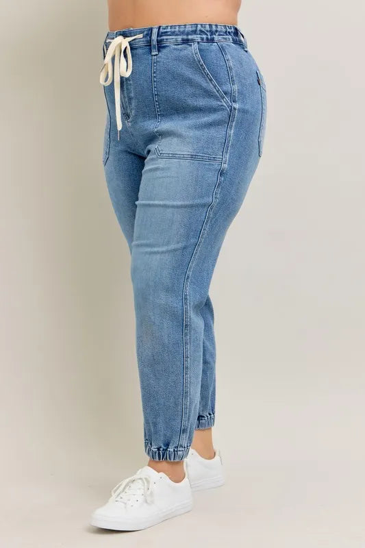 Judy Blue Women's High Waist Denim Joggers Stretchy Drawstring Waist Casual Jeans