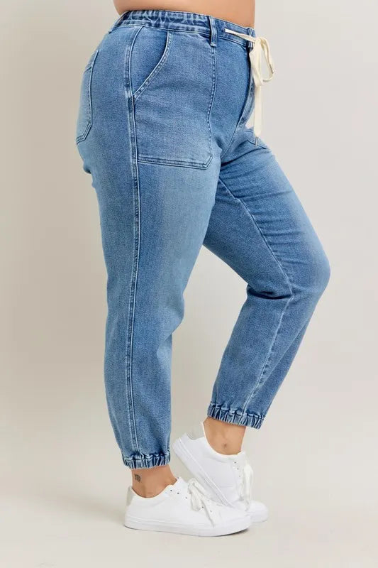 Judy Blue Women's High Waist Denim Joggers Stretchy Drawstring Waist Casual Jeans