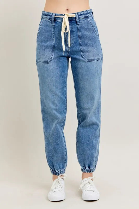 Judy Blue Women's High Waist Denim Joggers Stretchy Drawstring Waist Casual Jeans