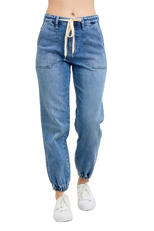 Judy Blue Women's High Waist Denim Joggers Stretchy Drawstring Waist Casual Jeans