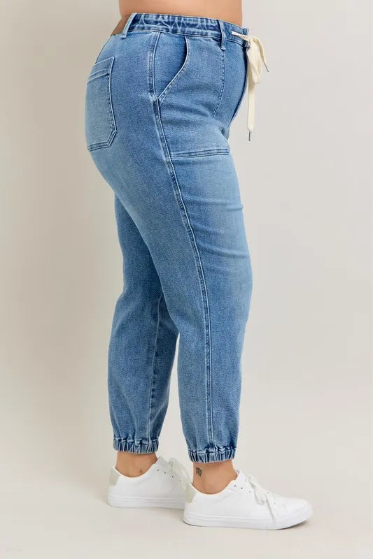Judy Blue Women's High Waist Denim Joggers Stretchy Drawstring Waist Casual Jeans
