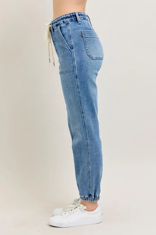 Judy Blue Women's High Waist Denim Joggers Stretchy Drawstring Waist Casual Jeans