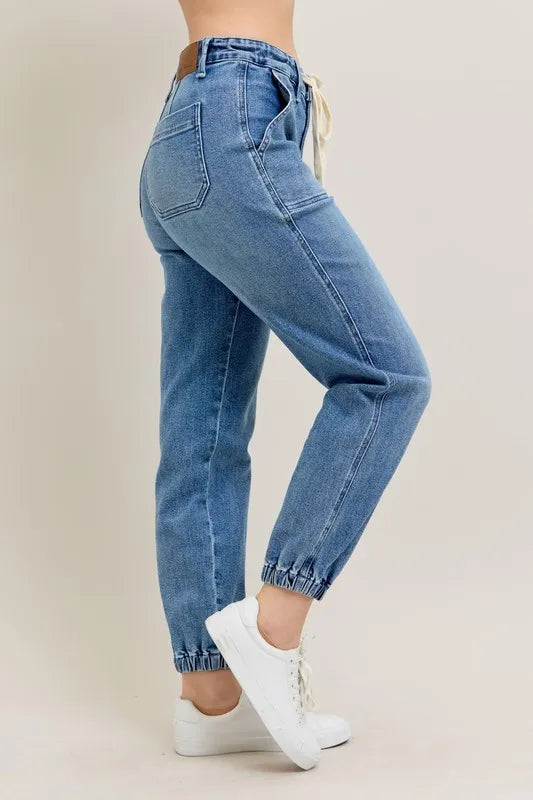 Judy Blue Women's High Waist Denim Joggers Stretchy Drawstring Waist Casual Jeans