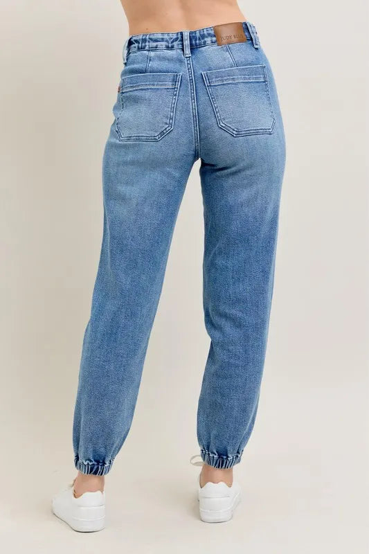 Judy Blue Women's High Waist Denim Joggers Stretchy Drawstring Waist Casual Jeans
