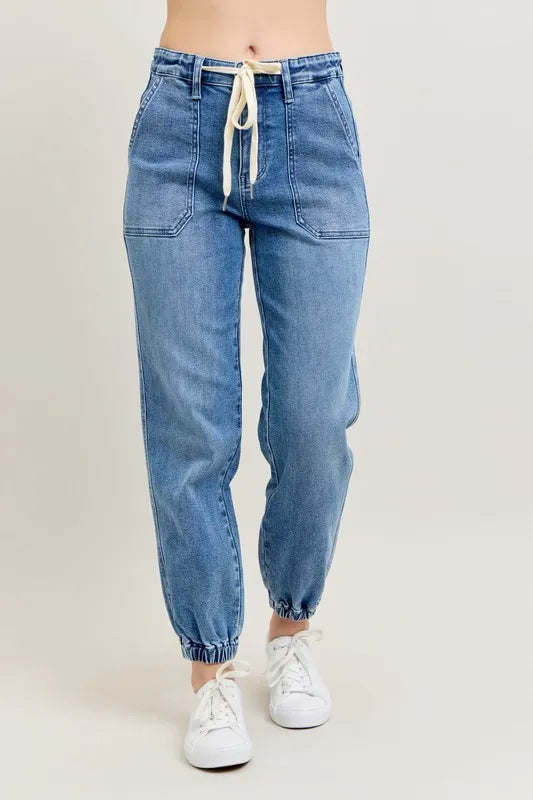 Judy Blue Women's High Waist Denim Joggers Stretchy Drawstring Waist Casual Jeans