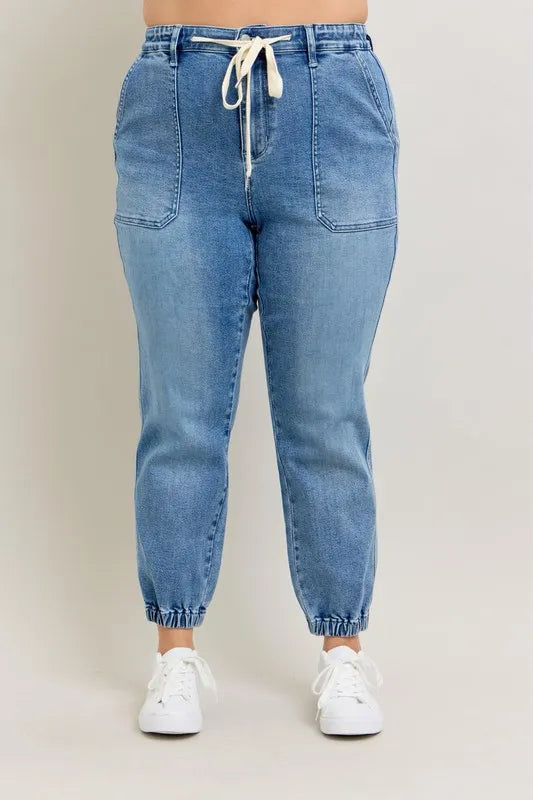 Judy Blue Women's High Waist Denim Joggers Stretchy Drawstring Waist Casual Jeans