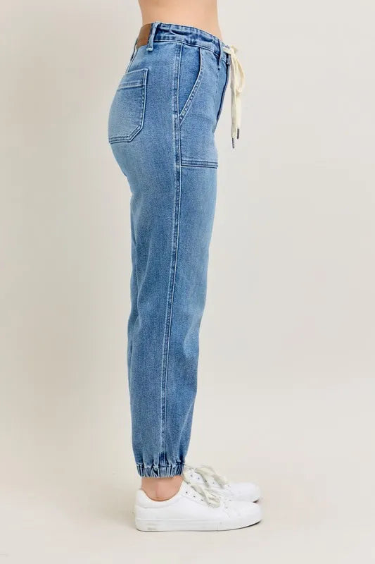 Judy Blue Women's High Waist Denim Joggers Stretchy Drawstring Waist Casual Jeans
